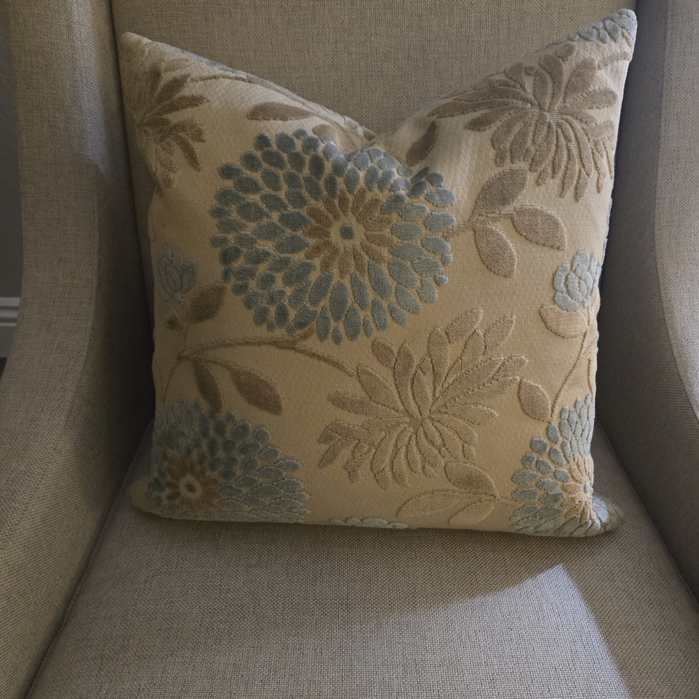 Crate & Barrel Blue and Tan Floral Accent Pillow